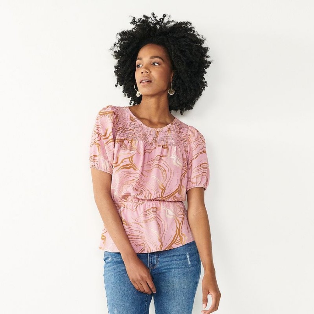 Nine West Large Pink Smocked Yoke Puff Sleeve Peplum Blouse